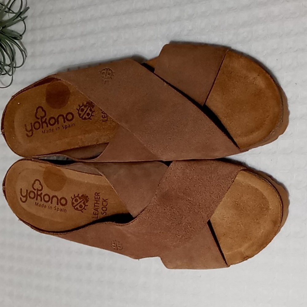 Yokono Tan Suede Cross Band Cork Wedge Mule Size 9 - Picture 10 of 13